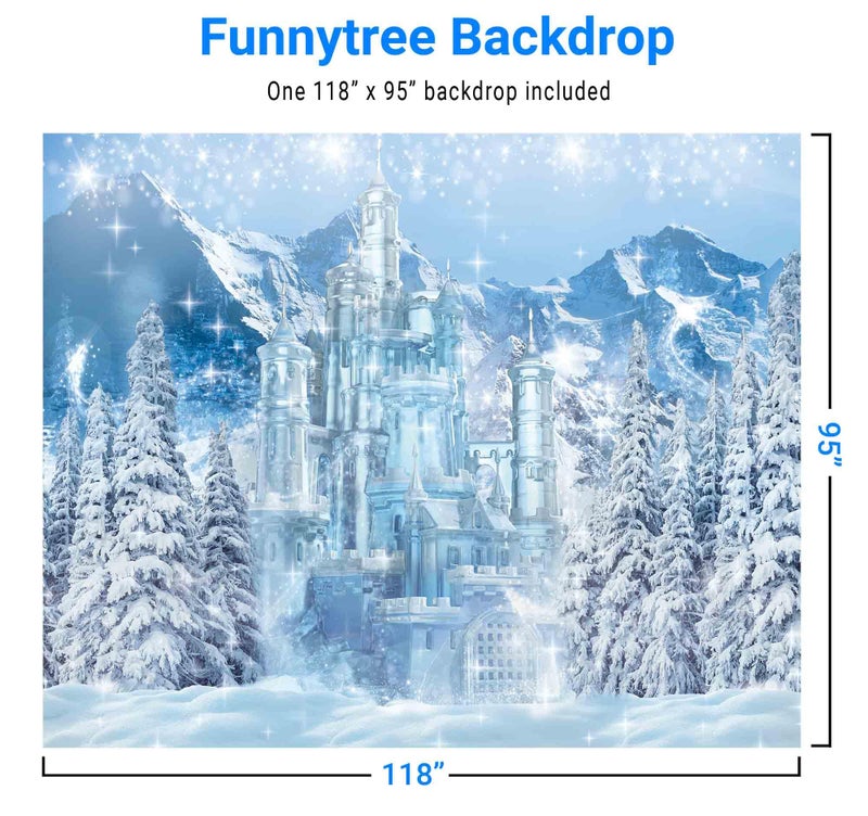Funnytree 10x8FT Winter Castle Photography Backdrop Blue Ice Forest Wonderland Background Snow Mountian Pine Tree Baby Shower Kids Birthday Party Supplies Decoration Photo Booth Prop - Image 3
